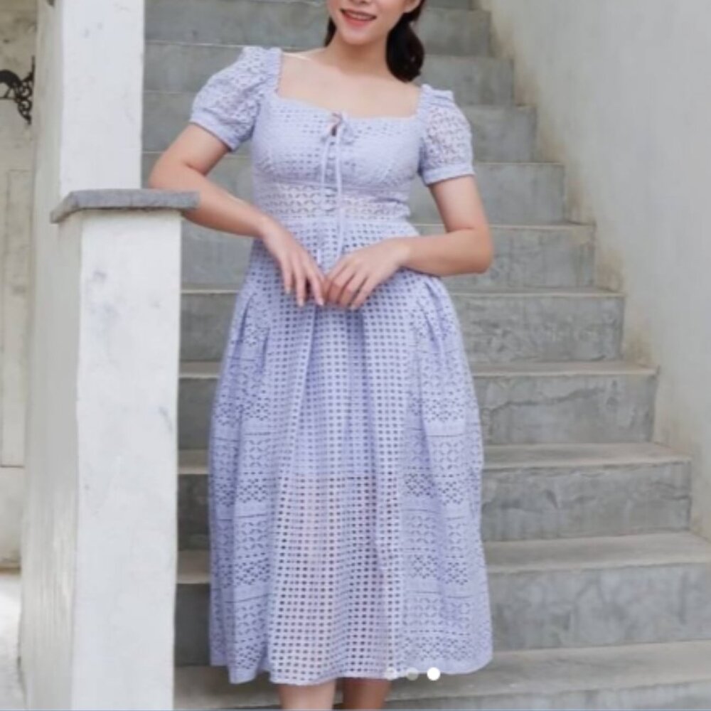 Self-Portrait Lilac Cotton Broderie Anglaise Midi Dress - Picture 16 of 16
